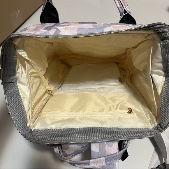 Shiada brand diaper bag backpack with a camouflage pattern in grey, pink, &white - Picture 9 of 15